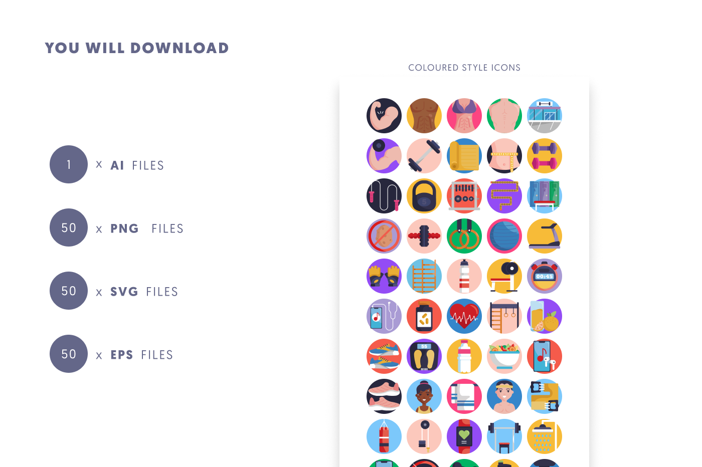 50 Gym Icons preview 9 – flat circle icons in PNG, SVG and EPS