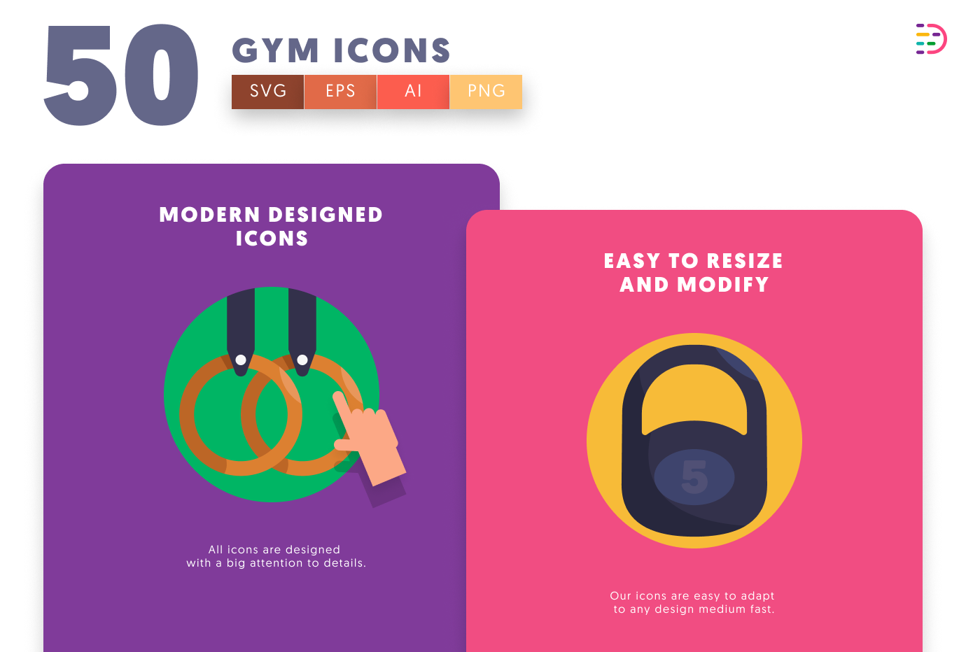 50 Gym Icons cover – flat circle icons in PNG, SVG and EPS