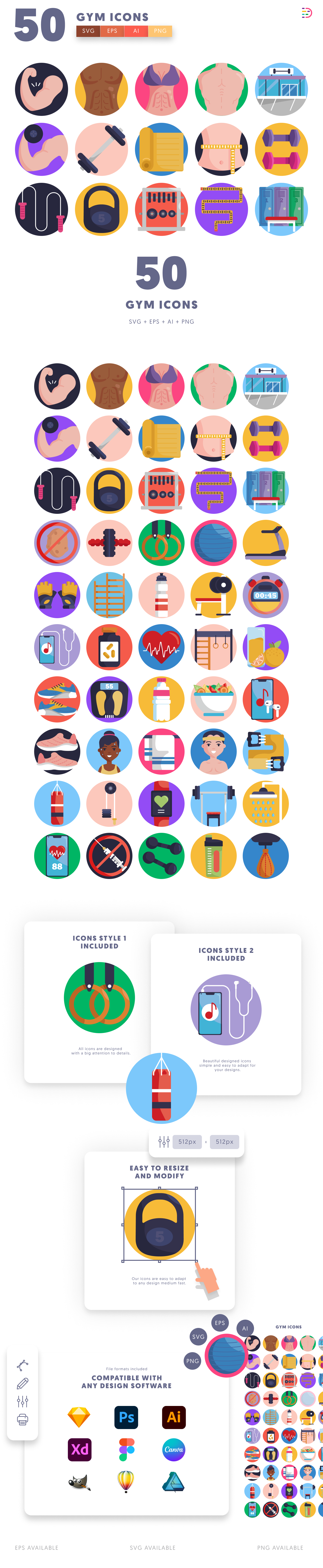 50 Gym Icons cover – flat circle icons in PNG, SVG and EPS