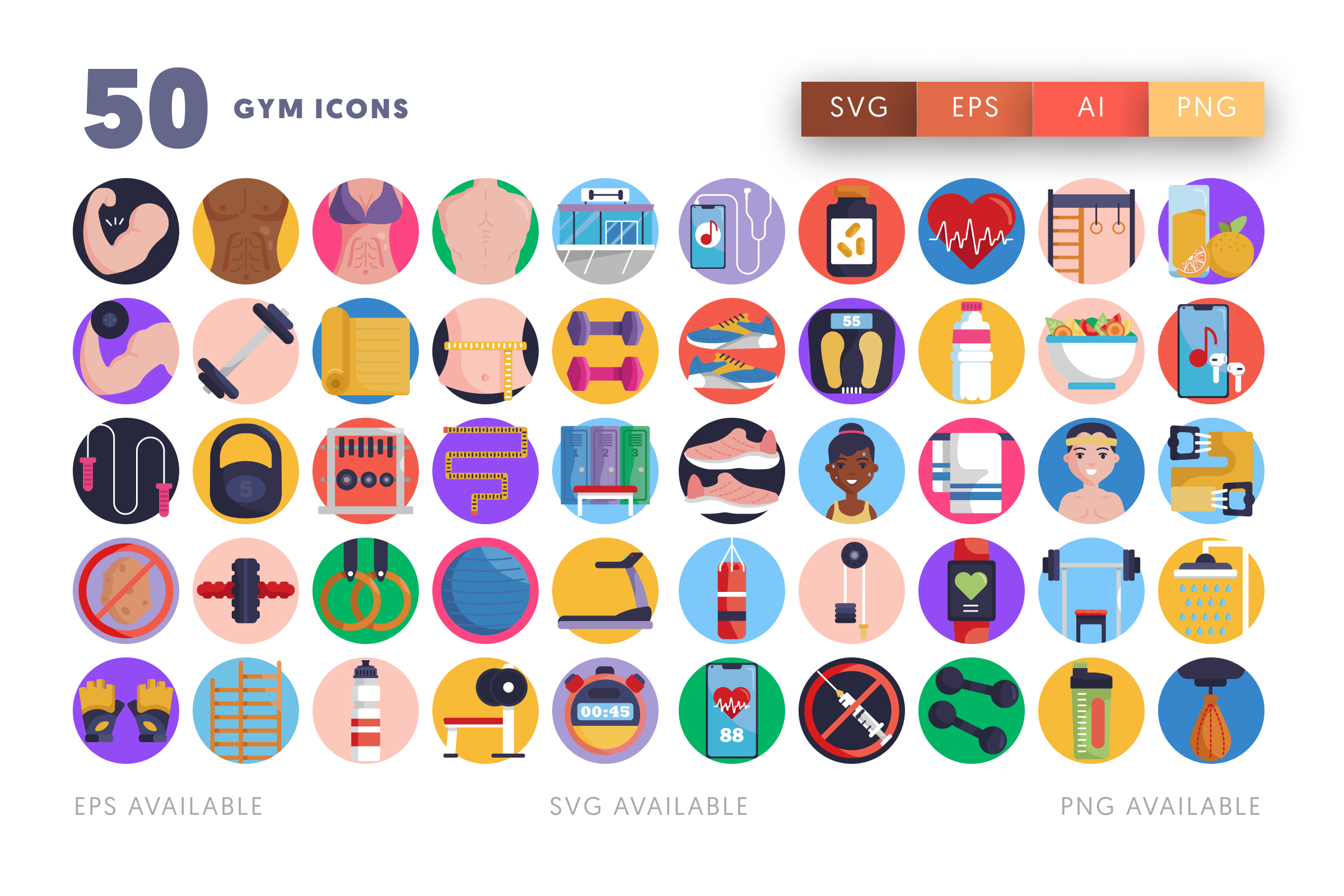 50 Gym Icons – flat circle icon set