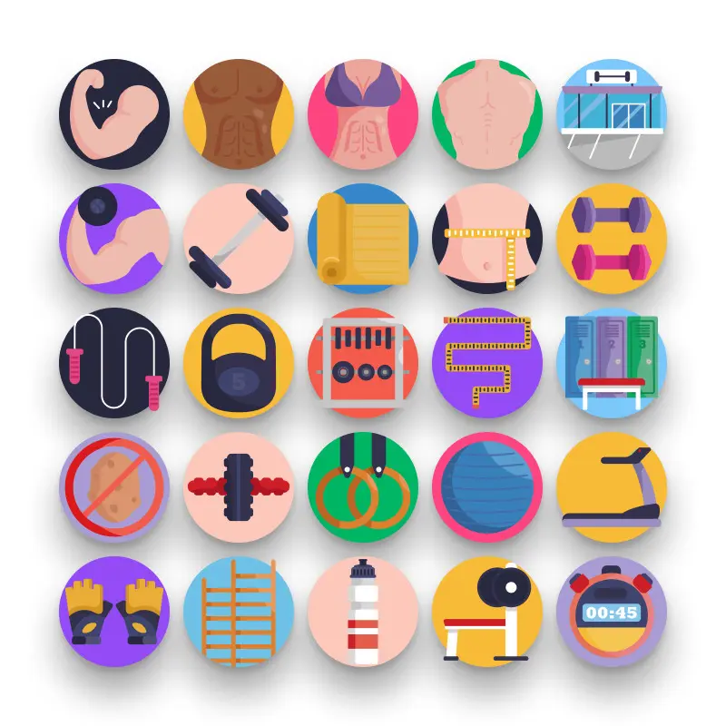 50 Gym Icons – set of colorful flat circle icons
