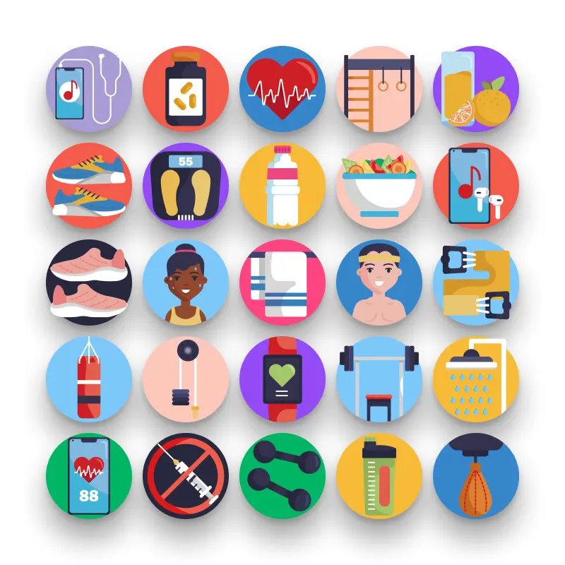 50 Gym Icons – set of colorful flat circle icons