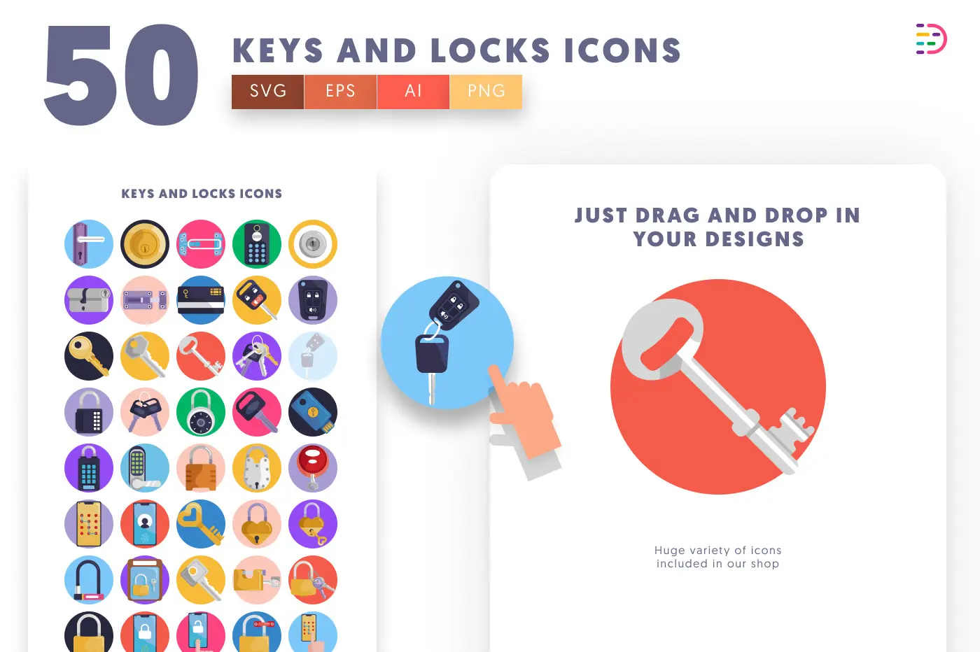 50 Keys and Locks Icons preview 1 – flat circle icons in PNG, SVG and EPS