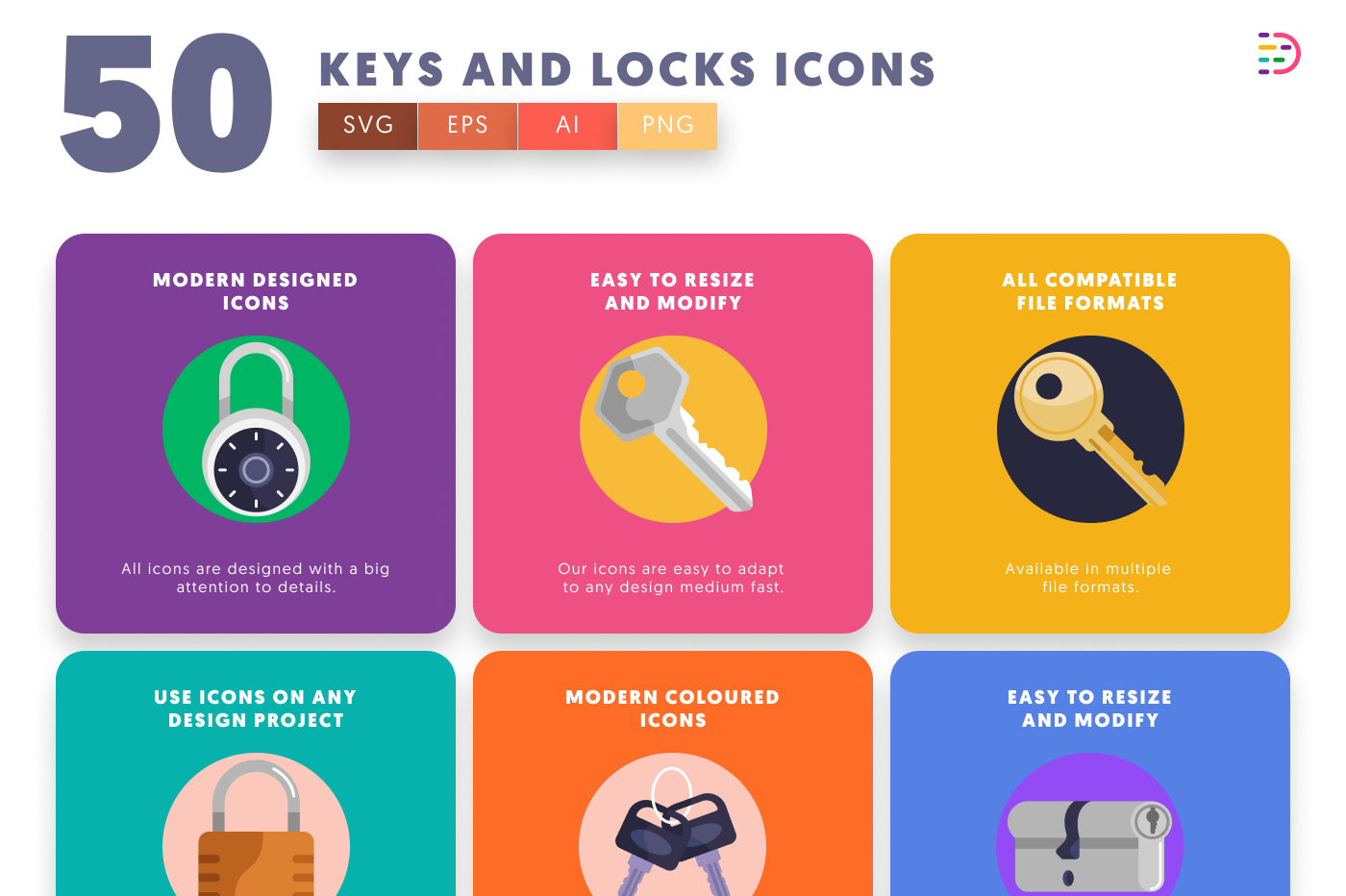 50 Keys and Locks Icons preview 5 – flat circle icons in PNG, SVG and EPS