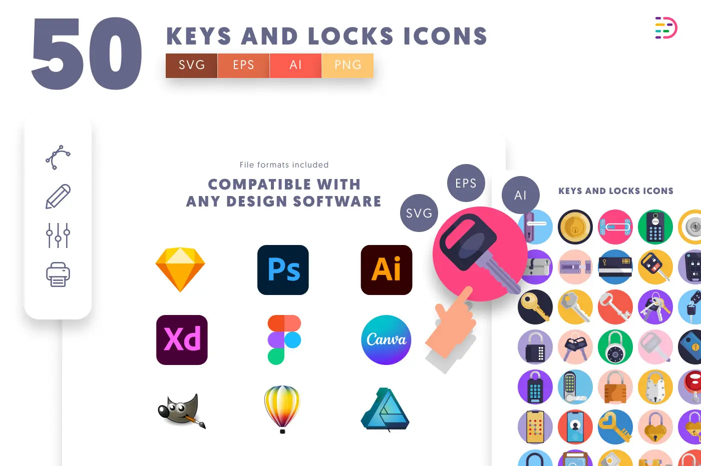 50 Keys and Locks Icons preview 8 – flat circle icons in PNG, SVG and EPS