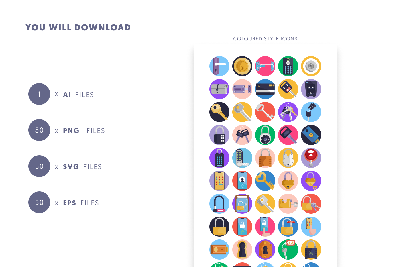 50 Keys and Locks Icons preview 9 – flat circle icons in PNG, SVG and EPS