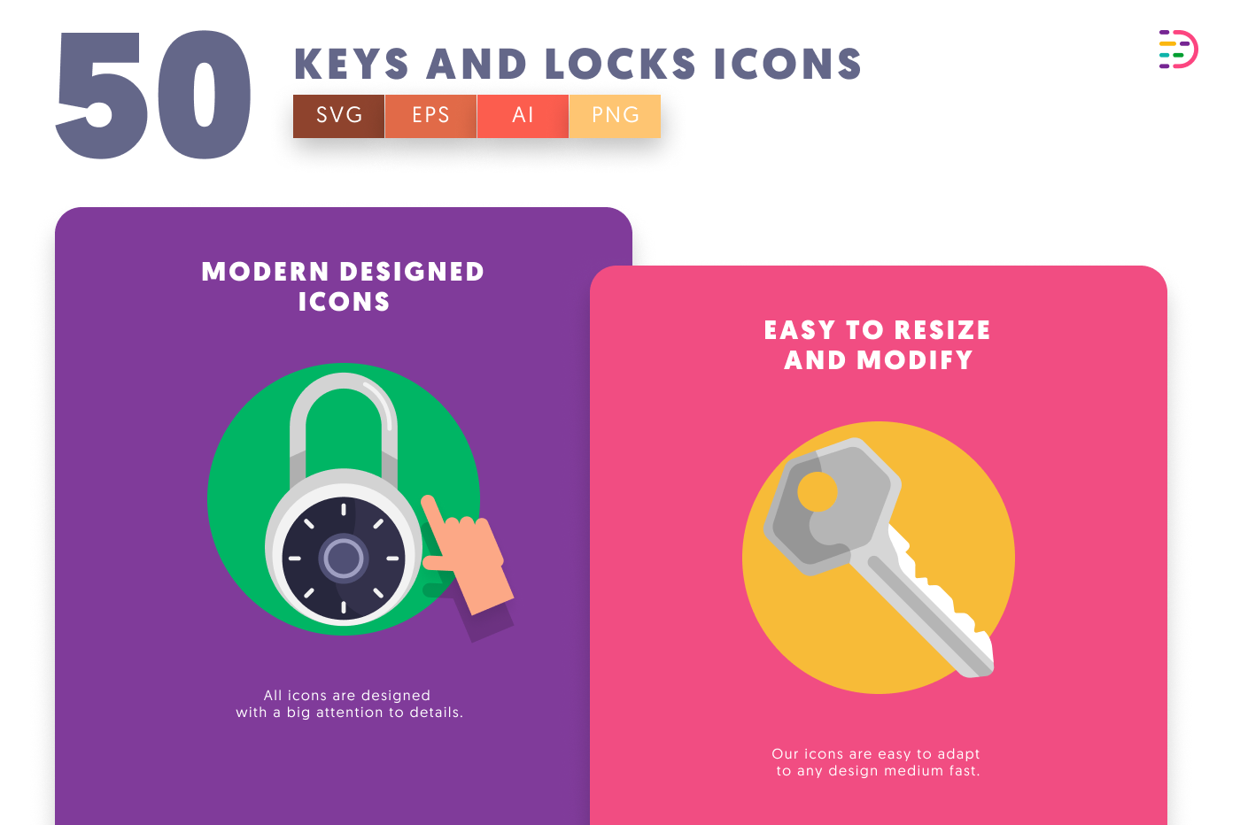 50 Keys and Locks Icons cover – flat circle icons in PNG, SVG and EPS