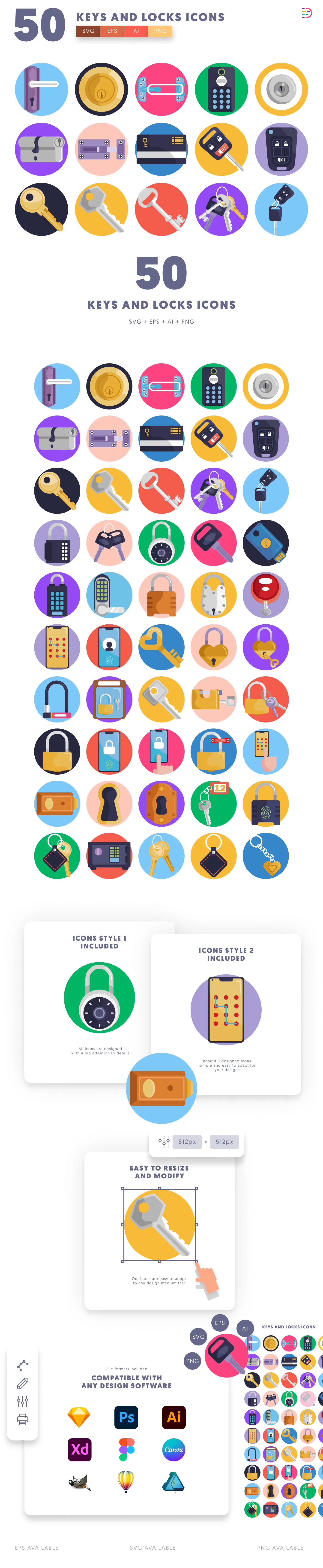 50 Keys and Locks Icons cover – flat circle icons in PNG, SVG and EPS