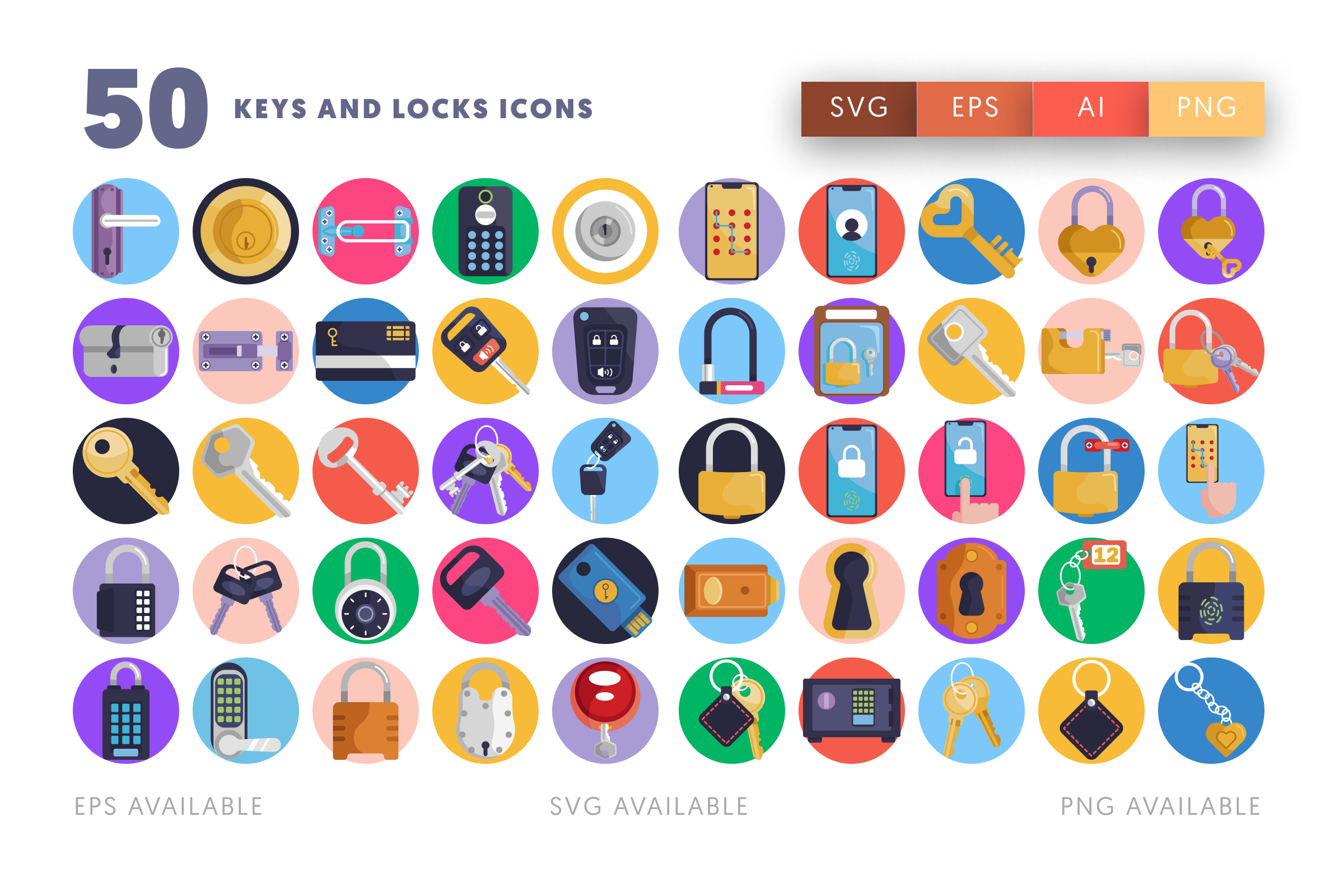 50 Keys and Locks Icons – flat circle icon set