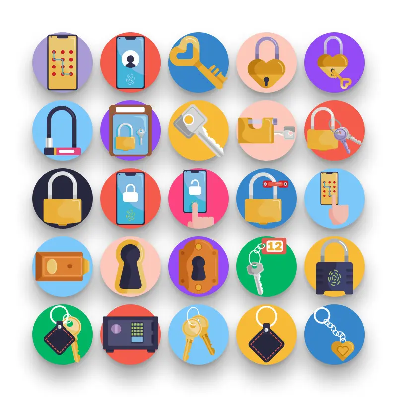 50 Keys and Locks Icons – set of colorful flat circle icons