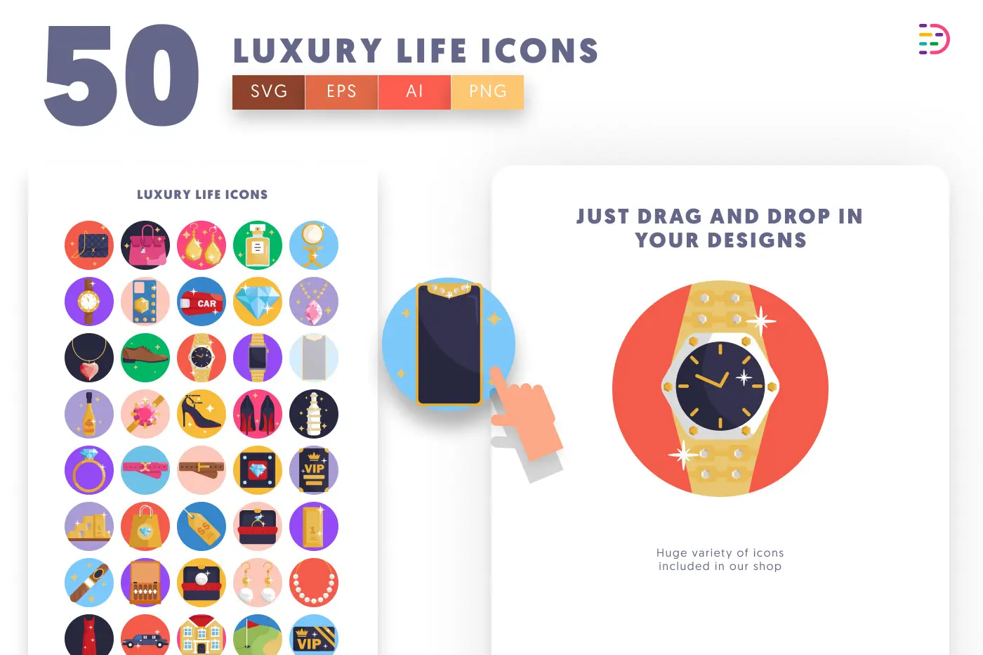 50 Luxury Life Icons preview 1 – flat circle icons in PNG, SVG and EPS