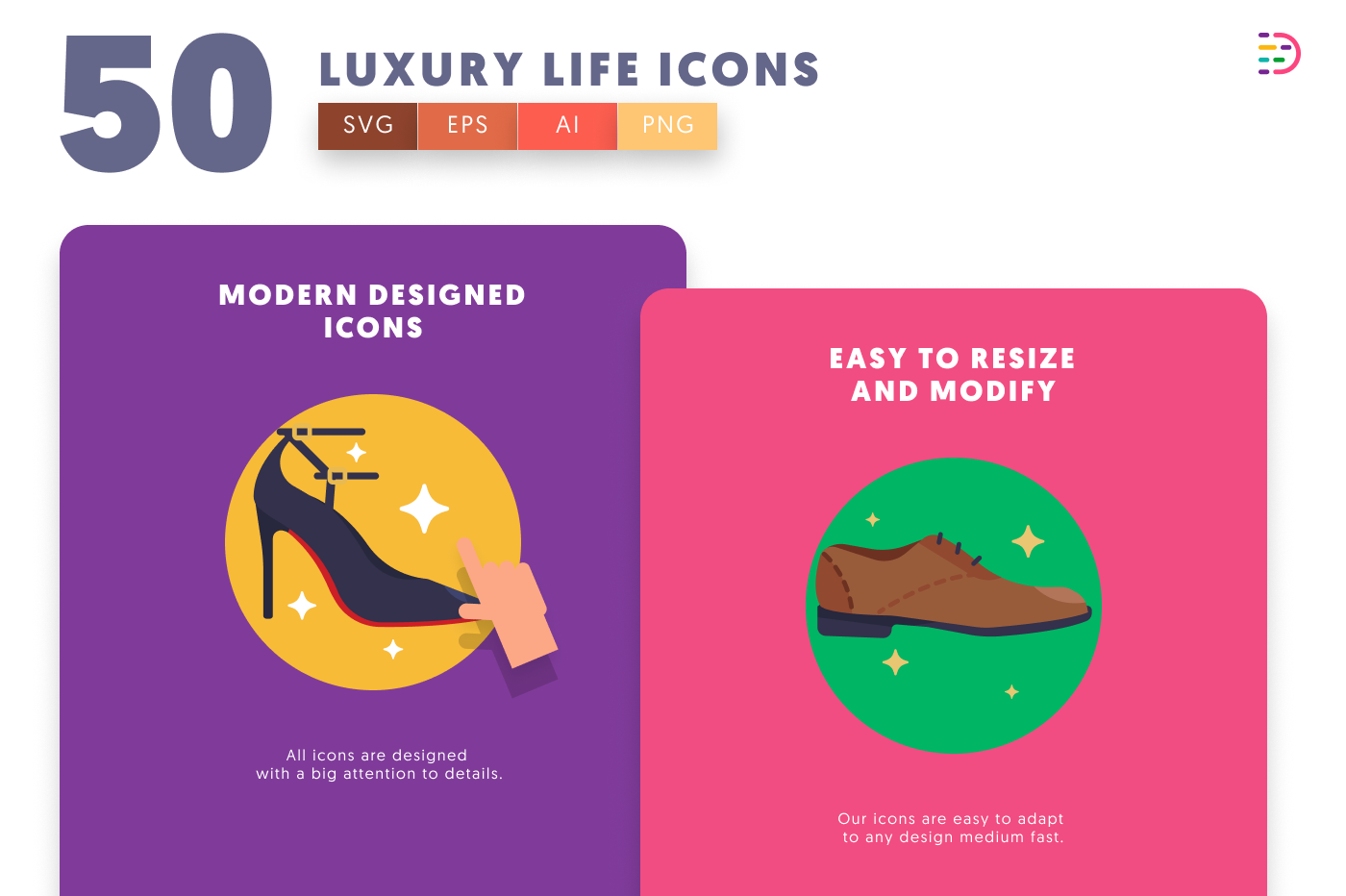 50 Luxury Life Icons cover – flat circle icons in PNG, SVG and EPS