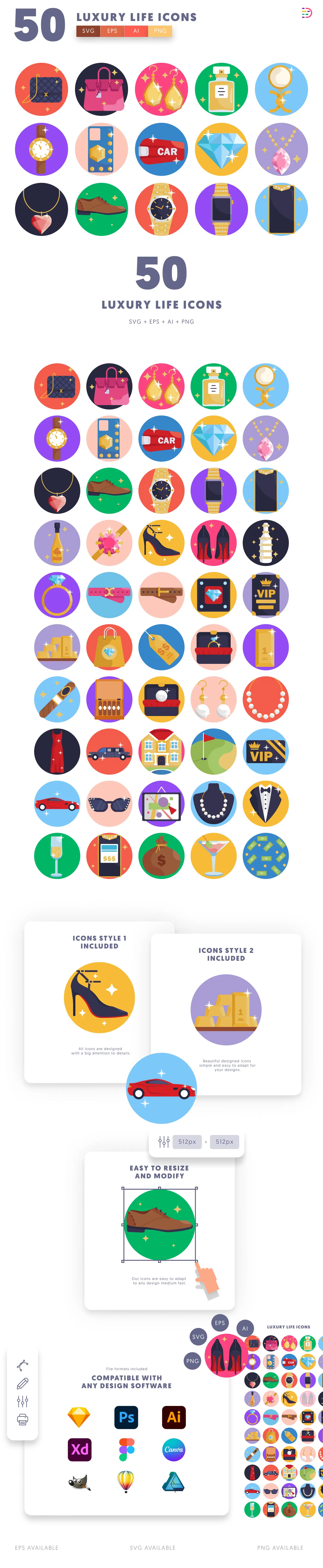50 Luxury Life Icons cover – flat circle icons in PNG, SVG and EPS
