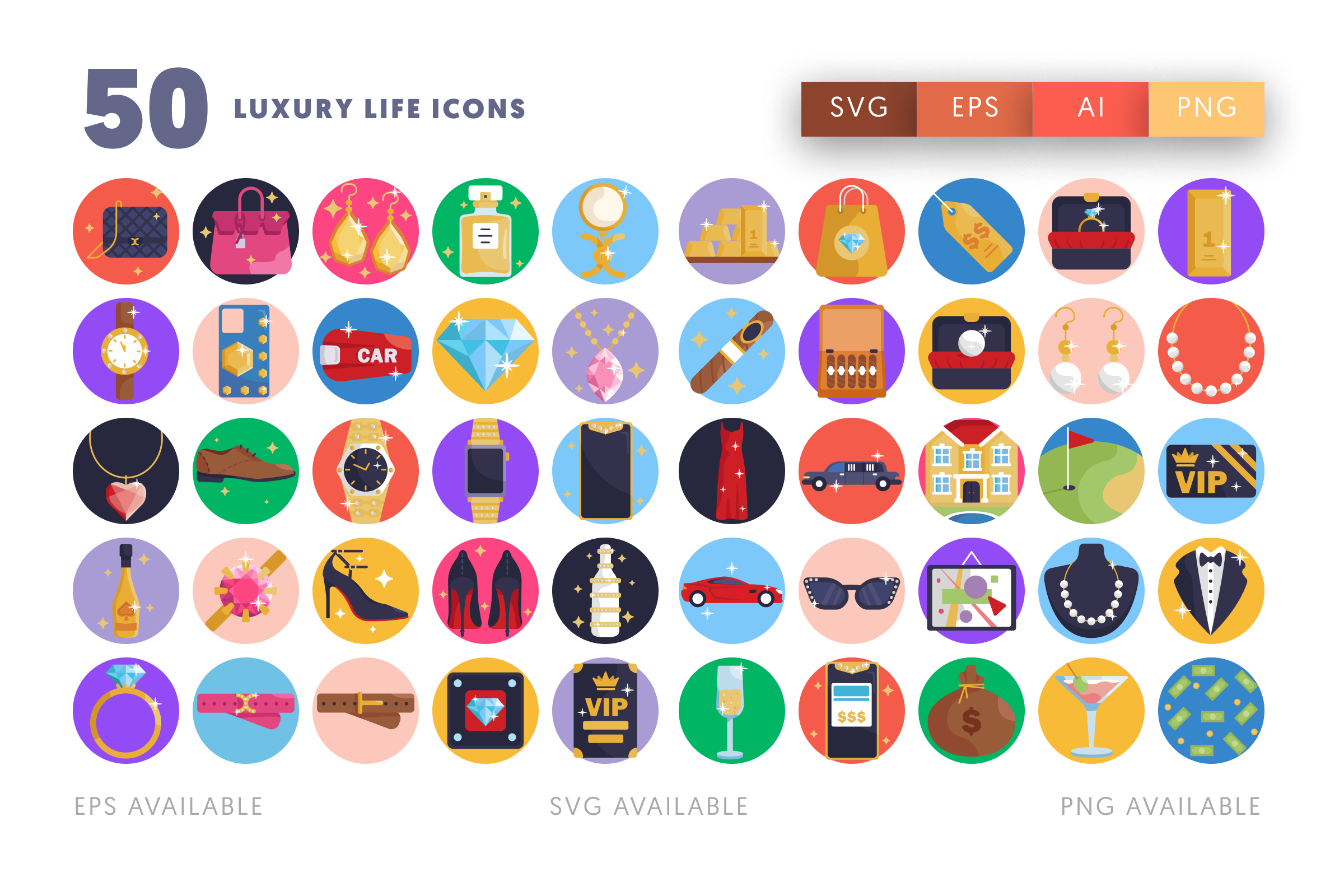 50 Luxury Life Icons – flat circle icon set