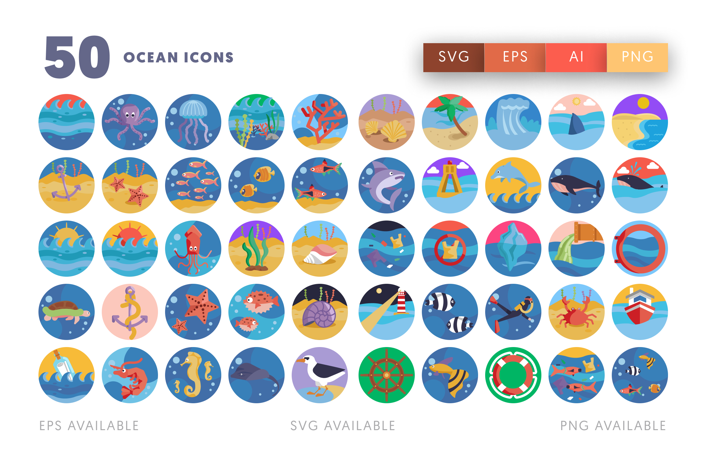 50 Ocean Icons – flat circle icon set