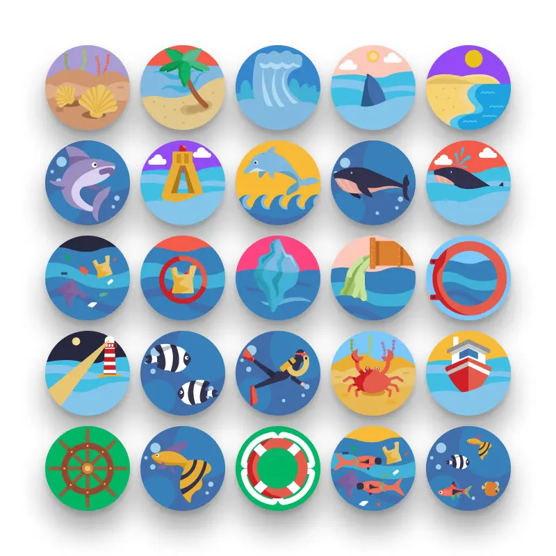 50 Ocean Icons – set of colorful flat circle icons