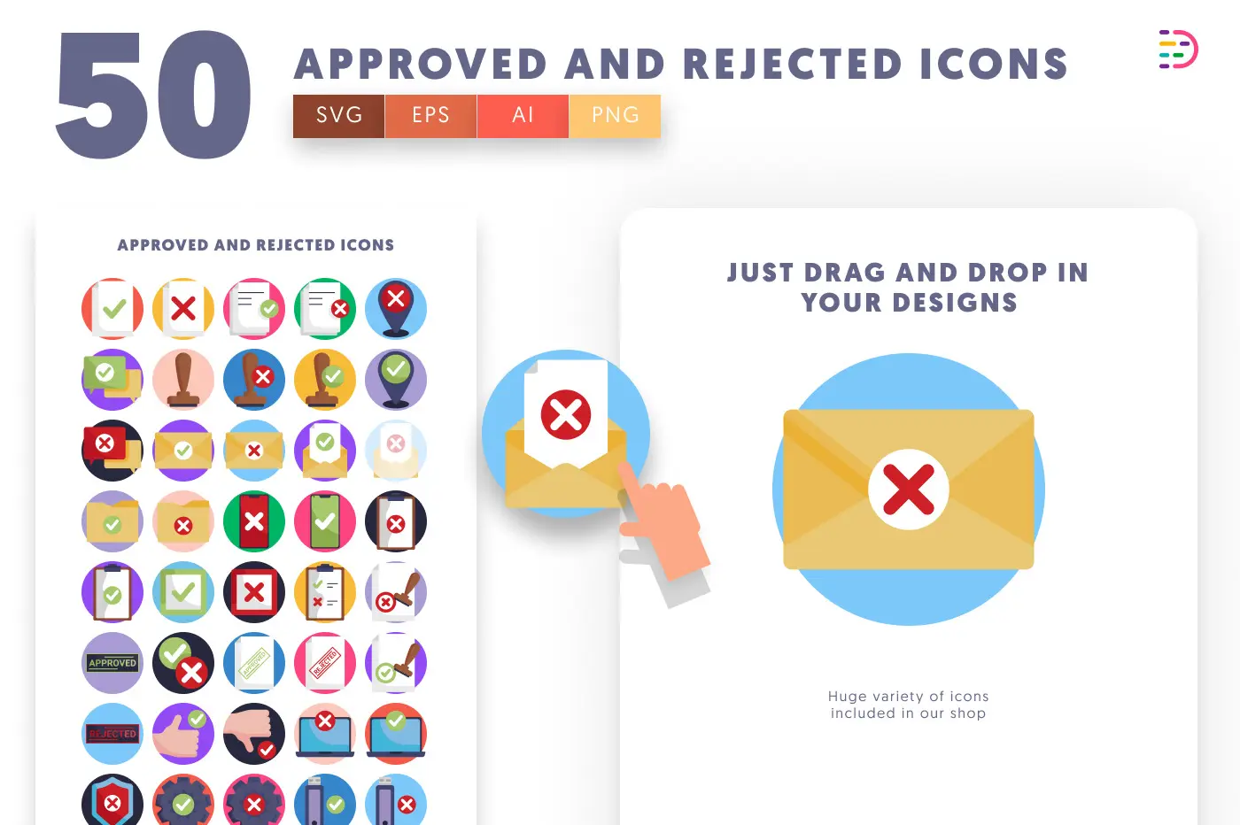 50 Approved and Rejected Icons preview 1 – flat circle icons in PNG, SVG and EPS