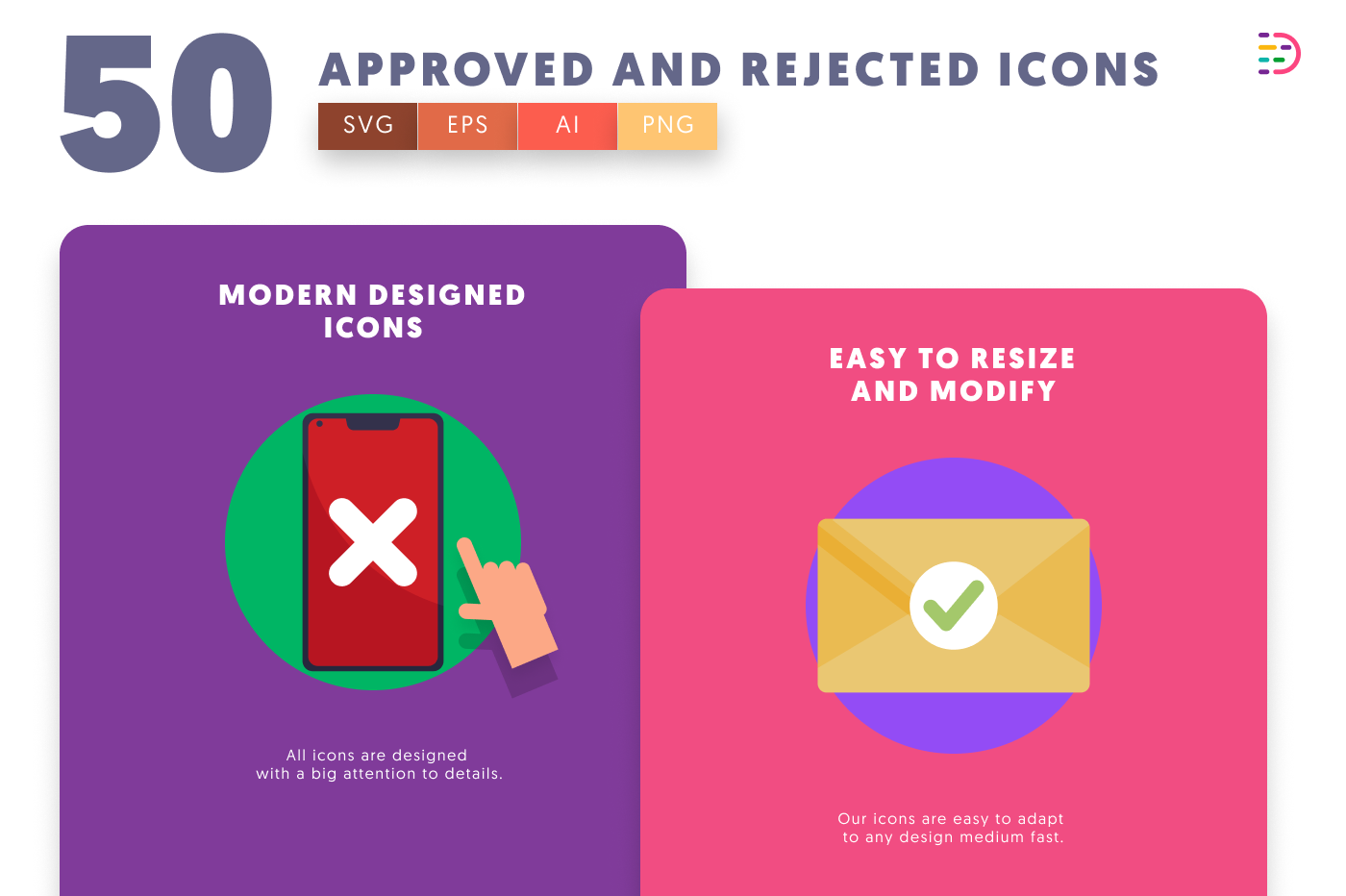 50 Approved and Rejected Icons cover – flat circle icons in PNG, SVG and EPS