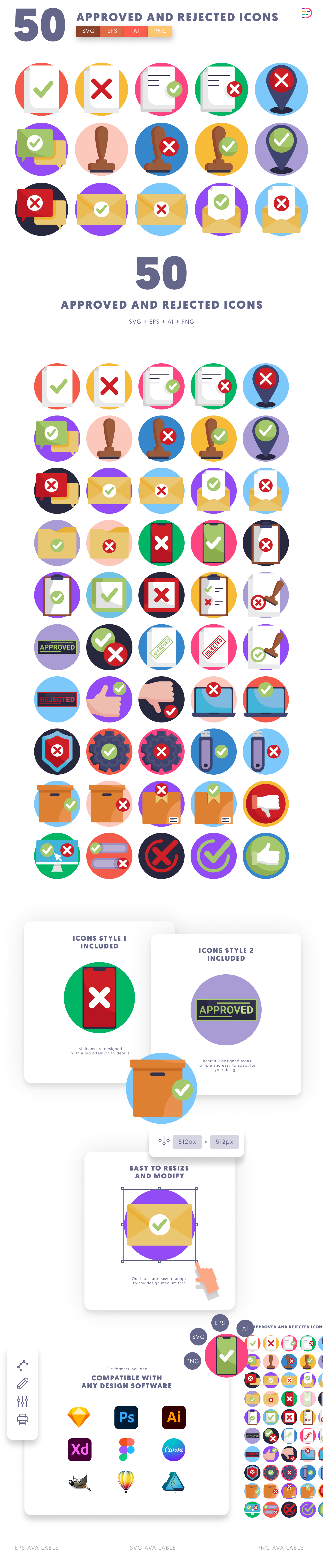 50 Approved and Rejected Icons cover – flat circle icons in PNG, SVG and EPS
