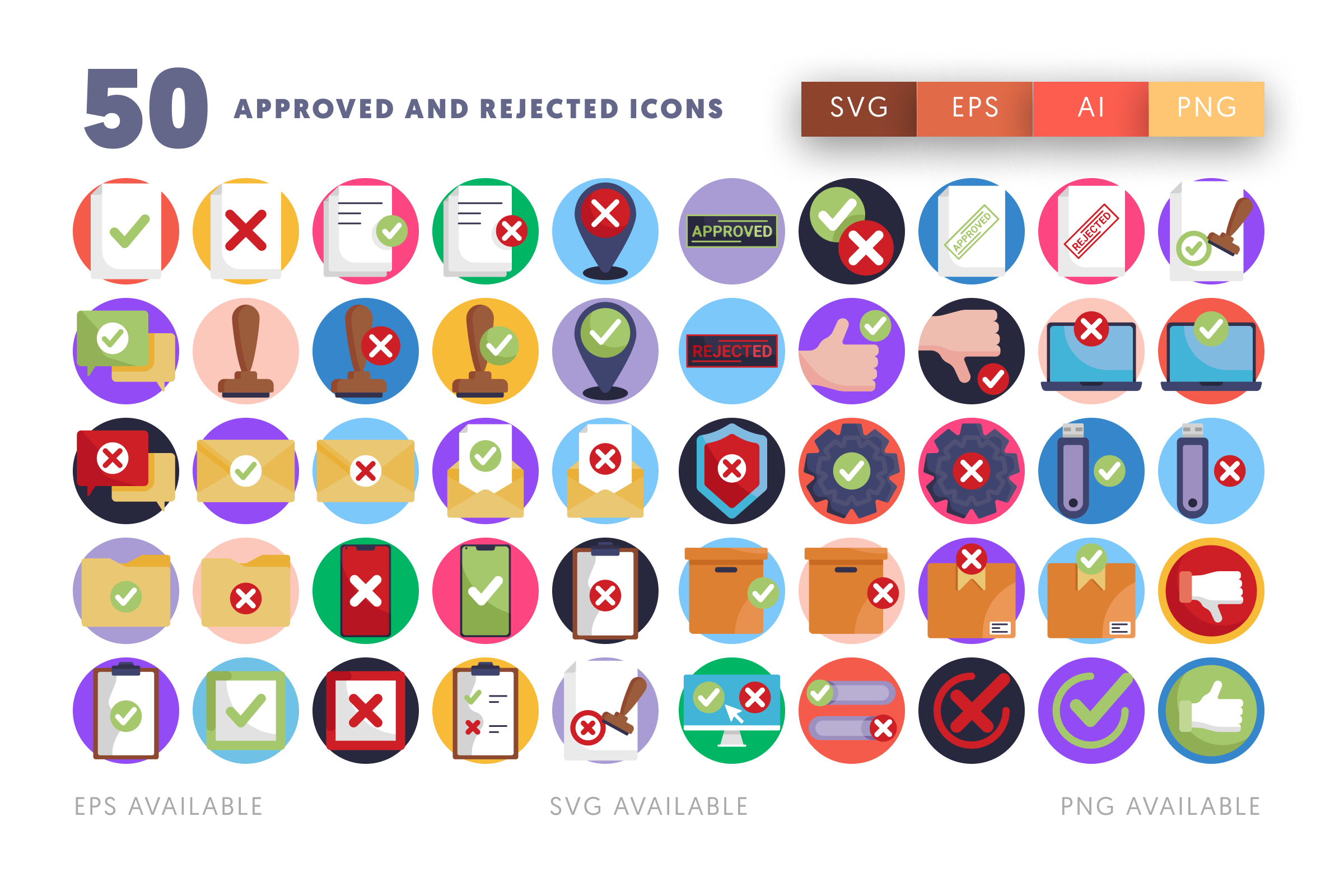 50 Approved and Rejected Icons – flat circle icon set