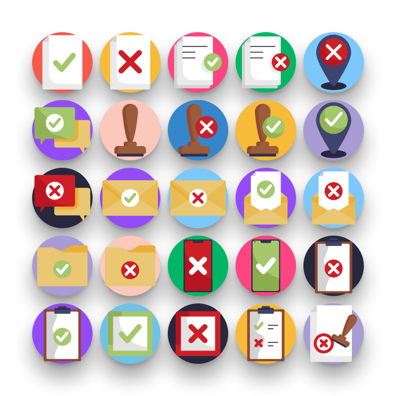 50 Approved and Rejected Icons – set of colorful flat circle icons