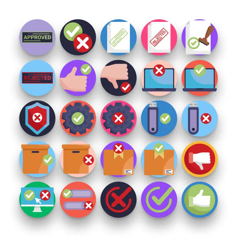 50 Approved and Rejected Icons – set of colorful flat circle icons