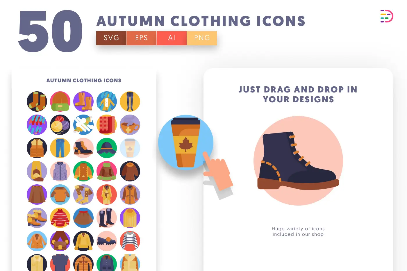 50 Autumn Clothing Icons preview 1 – flat circle icons in PNG, SVG and EPS