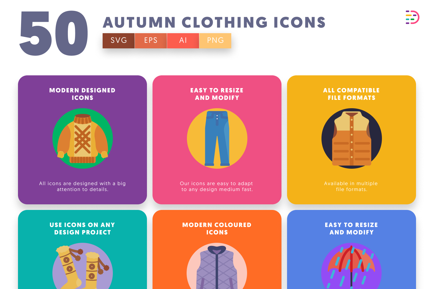 50 Autumn Clothing Icons preview 5 – flat circle icons in PNG, SVG and EPS