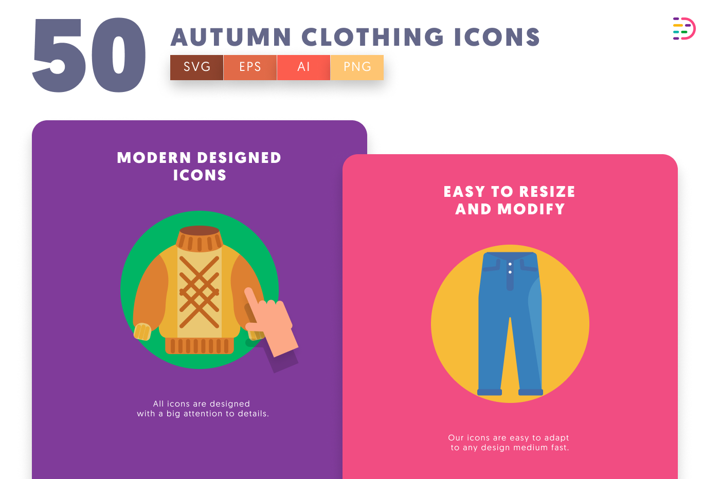 50 Autumn Clothing Icons cover – flat circle icons in PNG, SVG and EPS