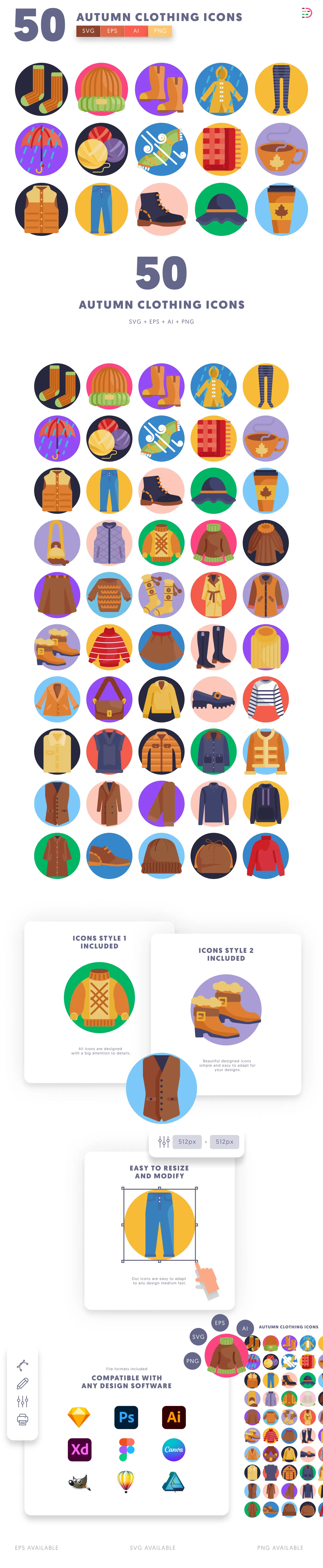 50 Autumn Clothing Icons cover – flat circle icons in PNG, SVG and EPS