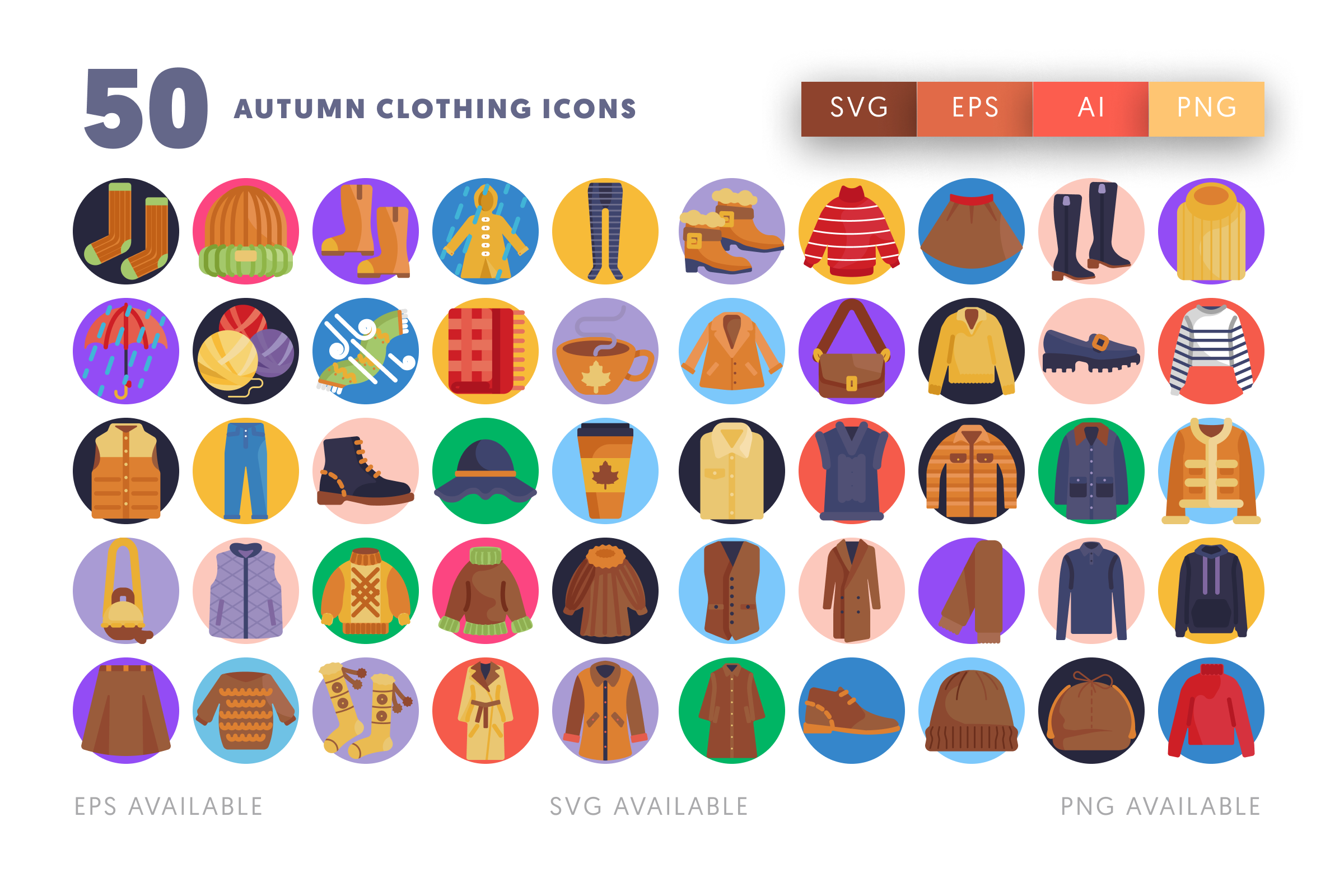 50 Autumn Clothing Icons – flat circle icon set