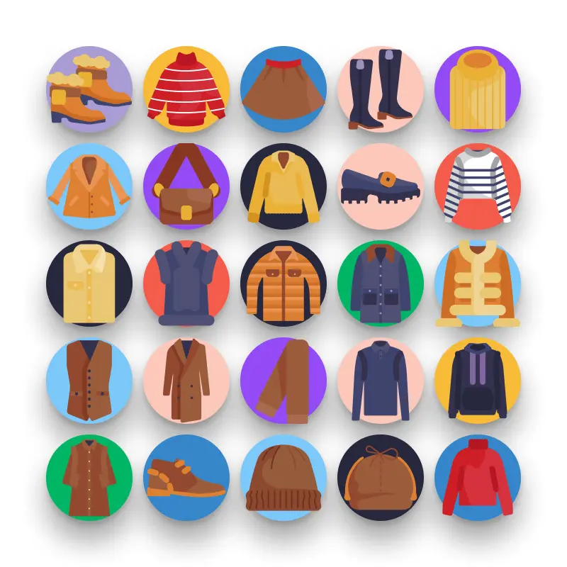 50 Autumn Clothing Icons – set of colorful flat circle icons