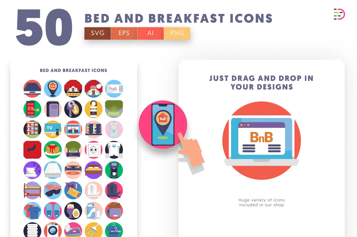 50 Bed and Breakfast Icons preview 1 – flat circle icons in PNG, SVG and EPS