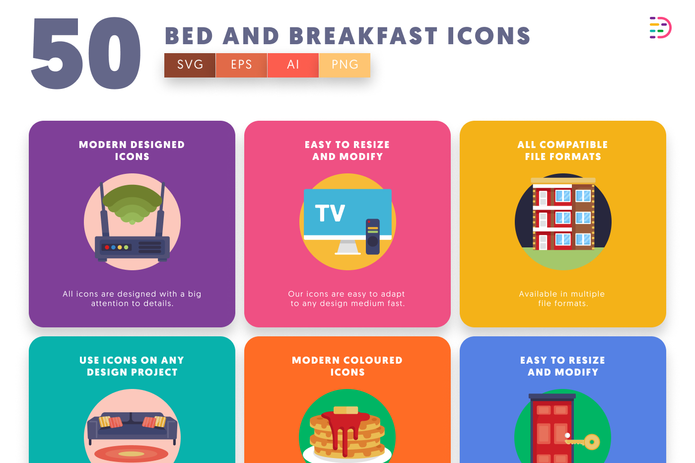 50 Bed and Breakfast Icons preview 5 – flat circle icons in PNG, SVG and EPS