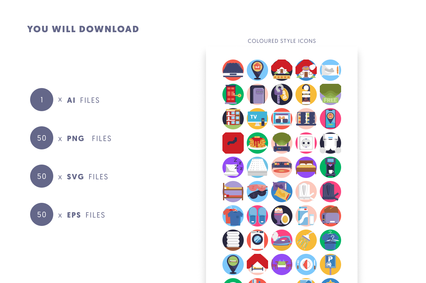 50 Bed and Breakfast Icons preview 9 – flat circle icons in PNG, SVG and EPS
