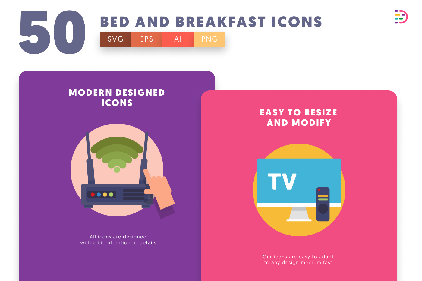50 Bed and Breakfast Icons cover – flat circle icons in PNG, SVG and EPS