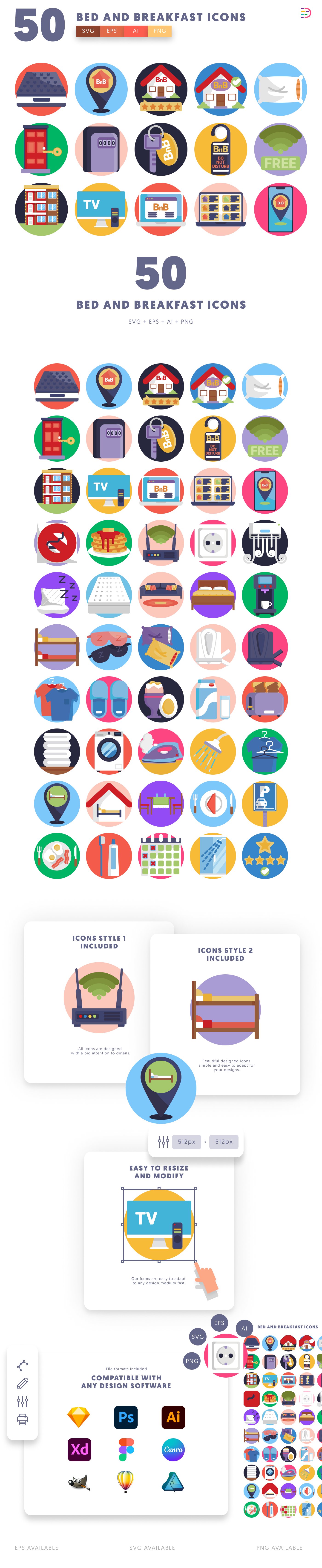 50 Bed and Breakfast Icons cover – flat circle icons in PNG, SVG and EPS