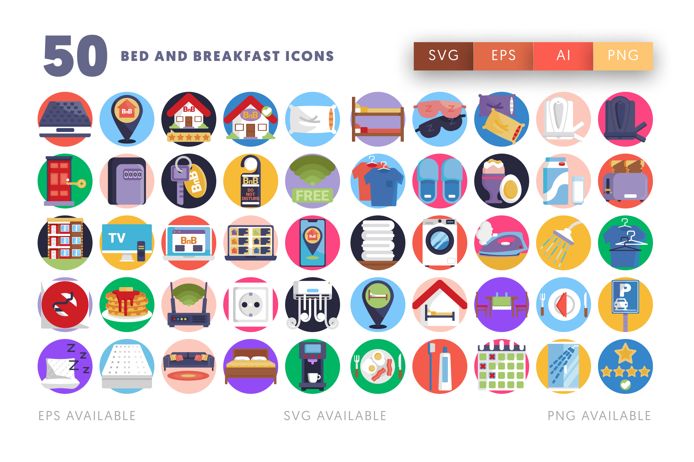 50 Bed and Breakfast Icons – flat circle icon set