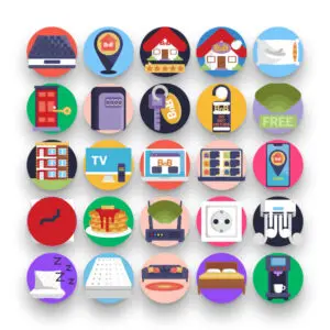 50 Bed and Breakfast Icons – set of colorful flat circle icons