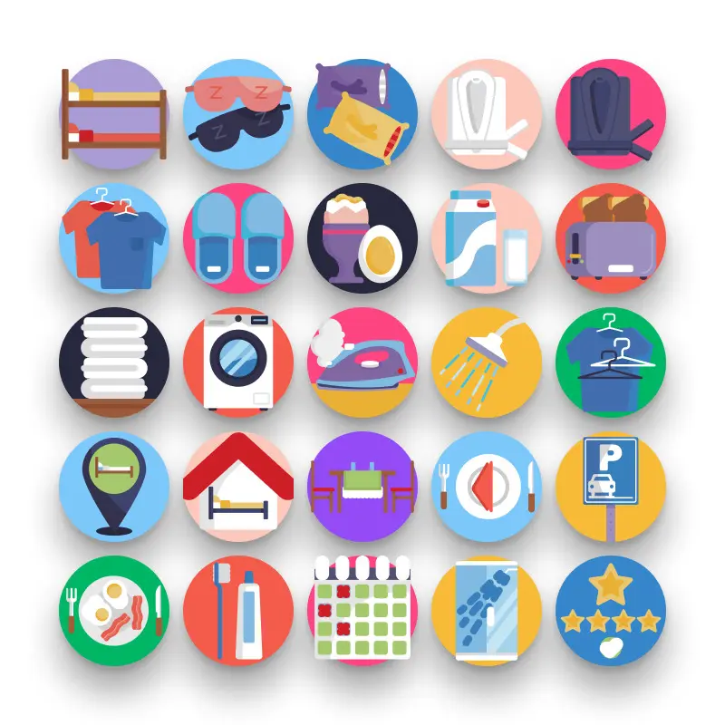 50 Bed and Breakfast Icons – set of colorful flat circle icons
