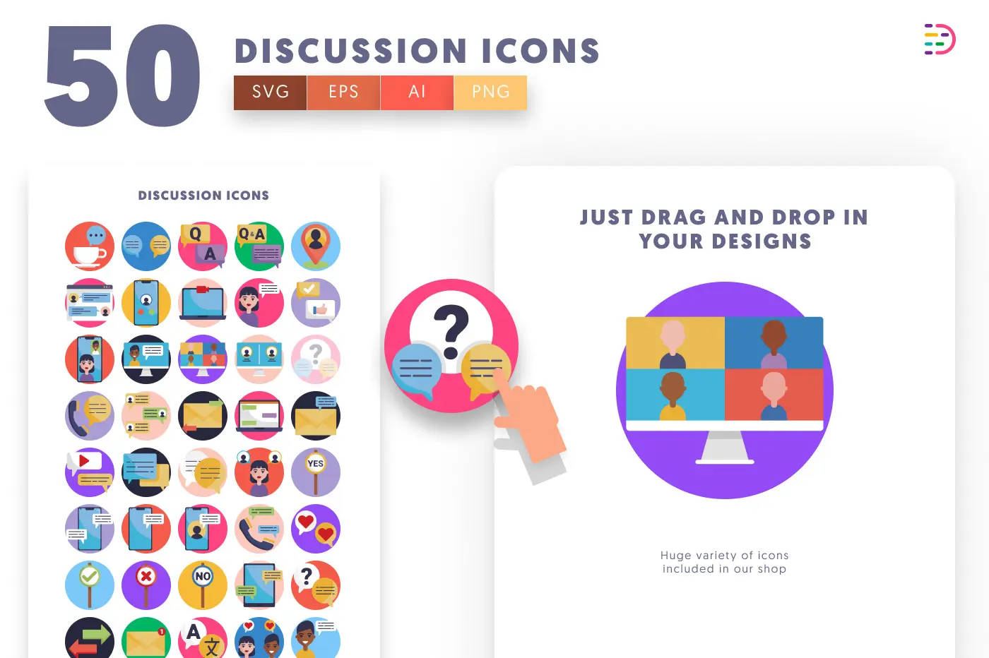 50 Discussion Icons – set of colorful flat circle icons