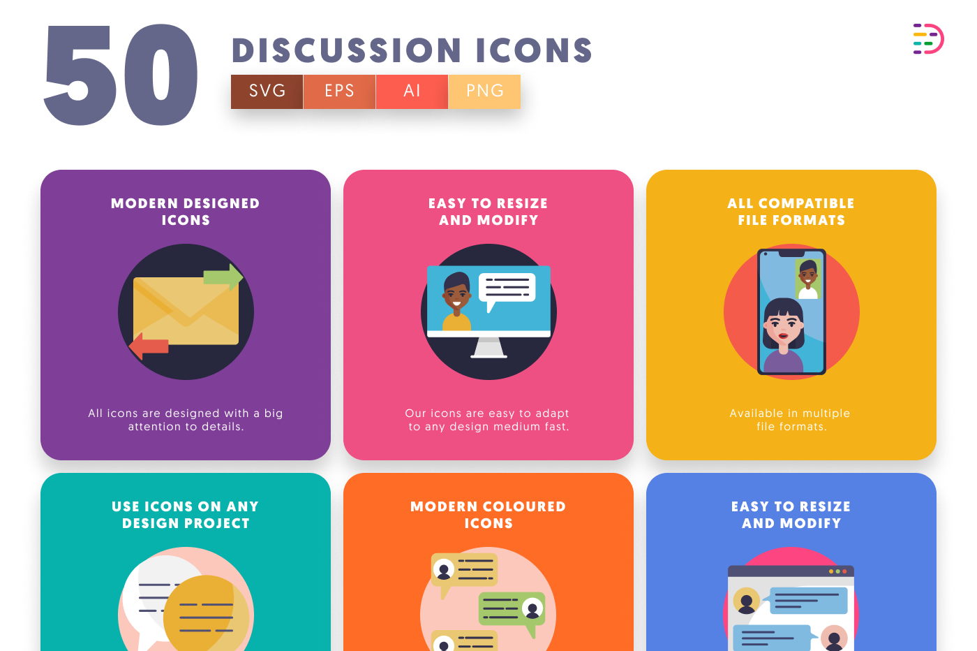 50 Discussion Icons – set of colorful flat circle icons