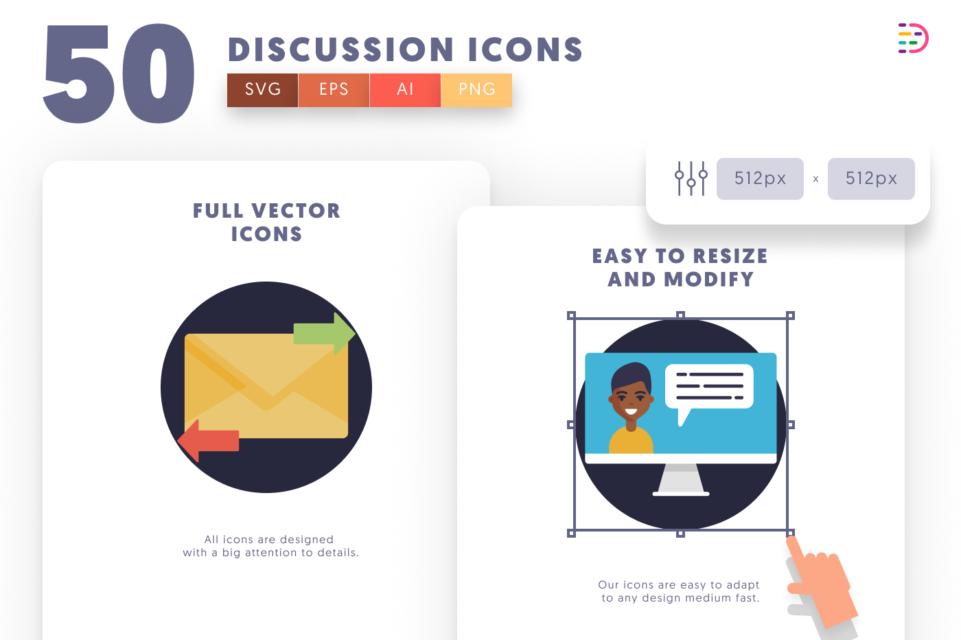 50 Discussion Icons – set of colorful flat circle icons