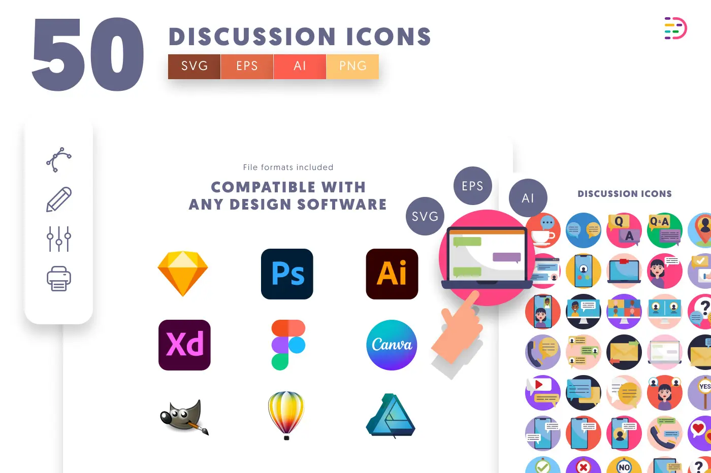 50 Discussion Icons – set of colorful flat circle icons