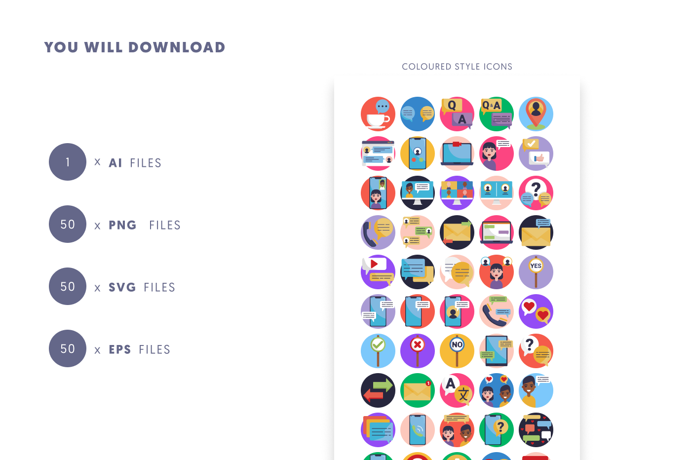 50 Discussion Icons – set of colorful flat circle icons