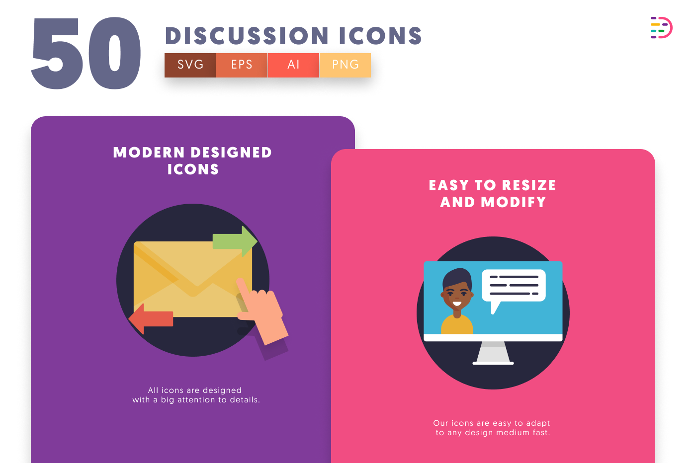 50 Discussion Icons – set of colorful flat circle icons