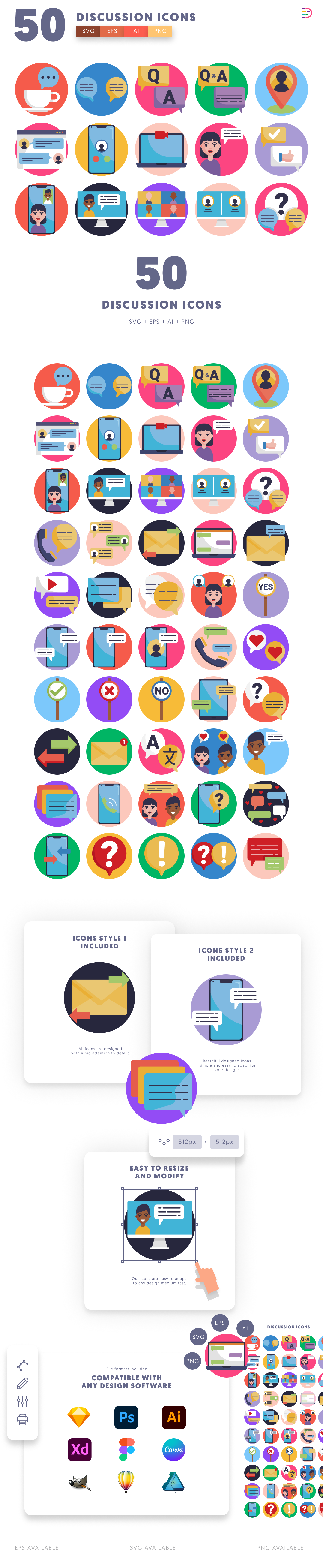 50 Discussion Icons – set of colorful flat circle icons