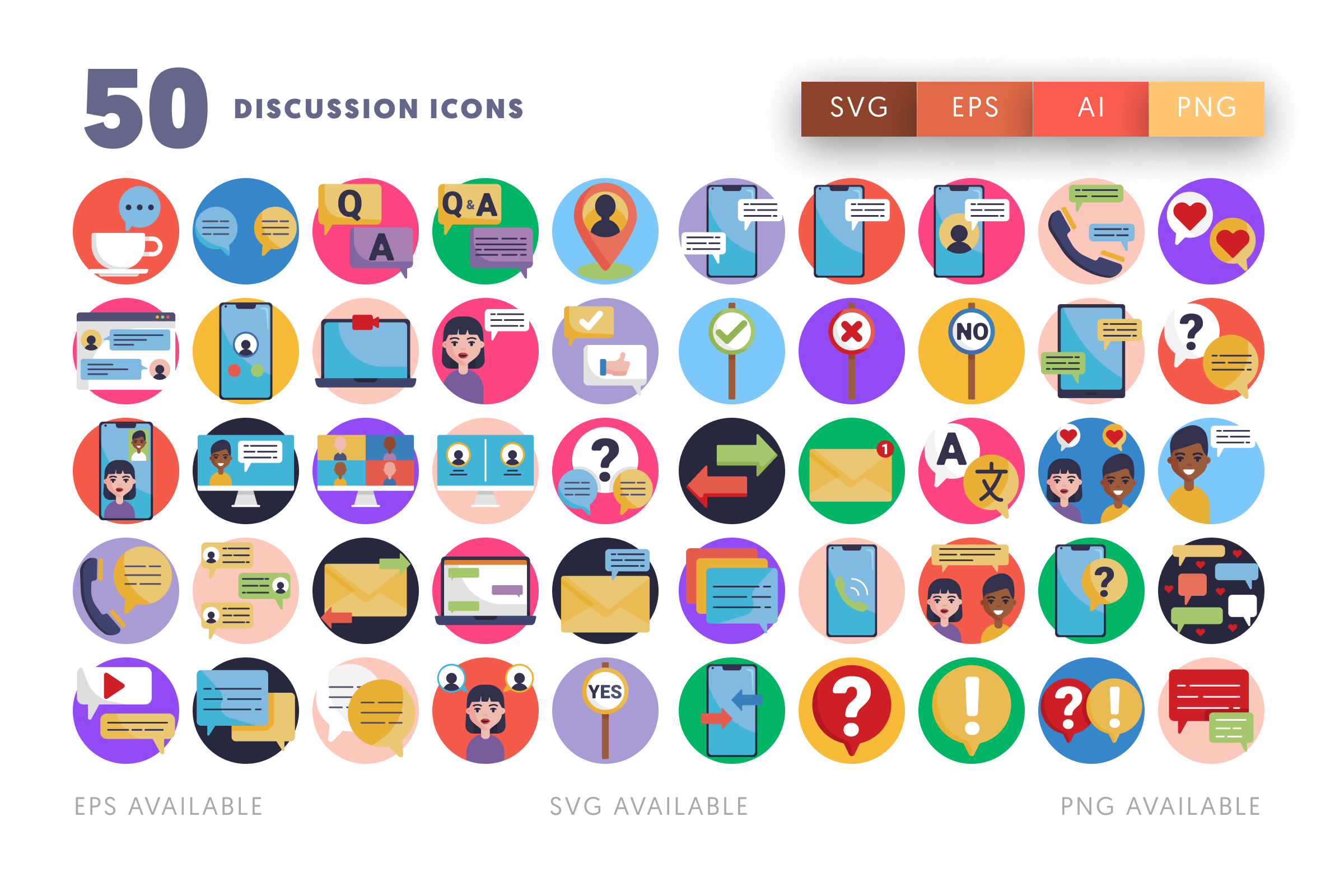 50 Discussion Icons – flat circle icon set