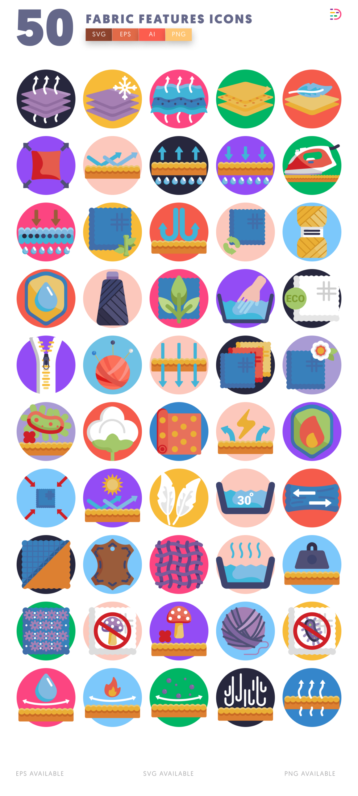 50 Fabric Features Icons Set – Textures, Materials & Patterns