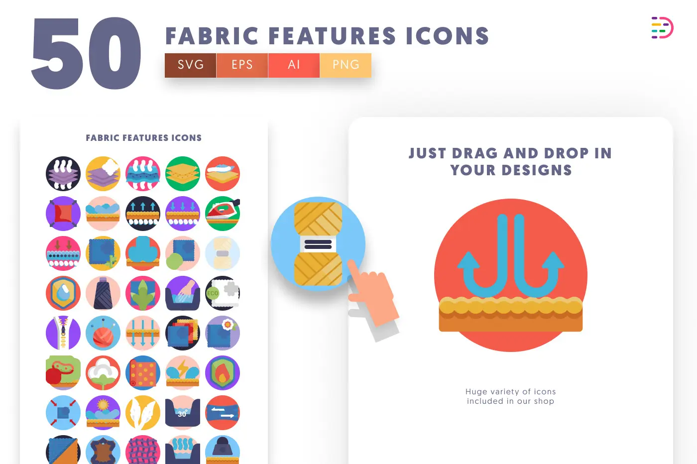 50 Fabric Features Icons preview 1 – flat circle icons in PNG, SVG and EPS
